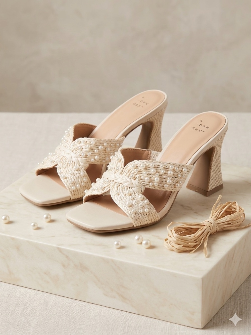 0343 - a new day Cream Braided Pearl-Embellished Block Heel Mules